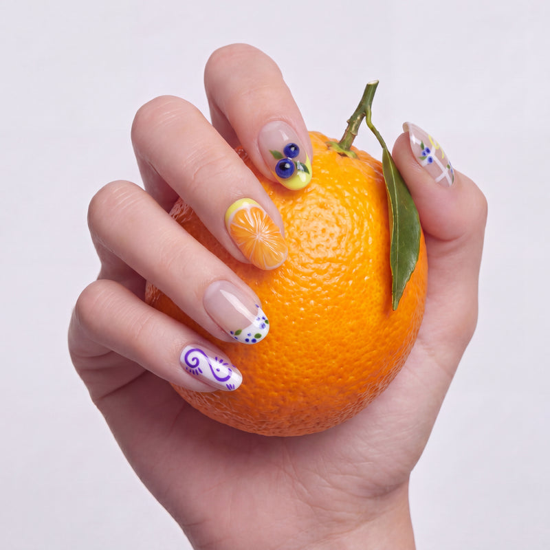 Hand model wearing colorful floral and fruit-inspired press on nails while holding an orange