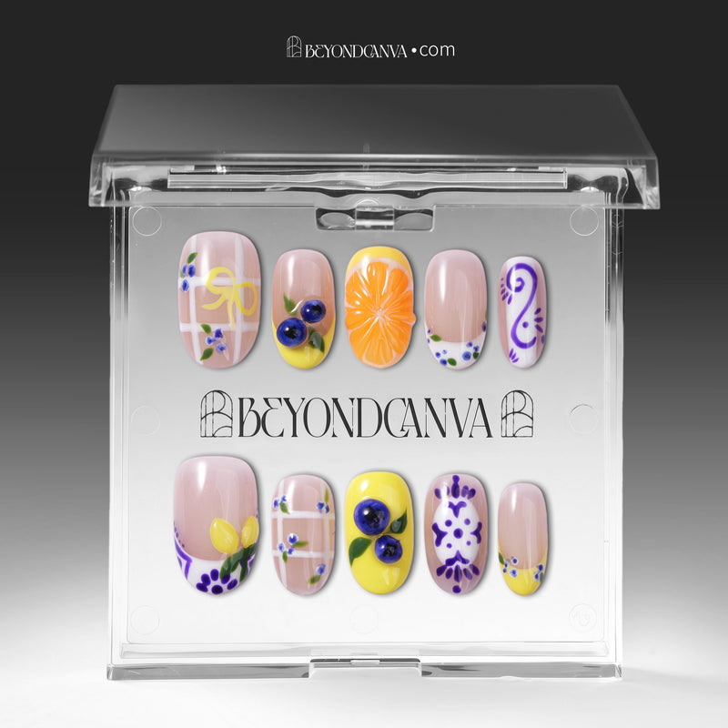 Clear packaging box displaying South Holiday press on nails with colorful floral and fruit-inspired designs