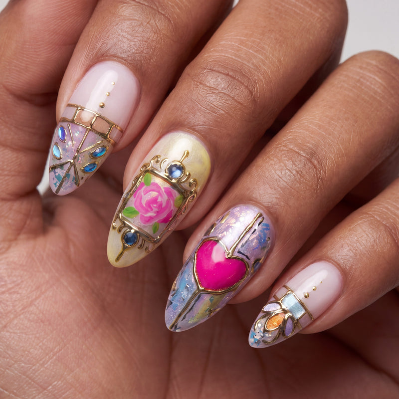 Close-up of stained glass press on nails with colorful heart and floral accent details