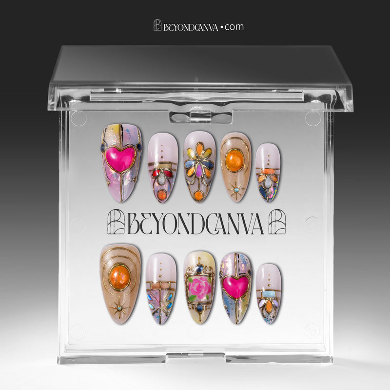 Clear packaging box displaying stained glass press on nails with colorful heart and floral details
