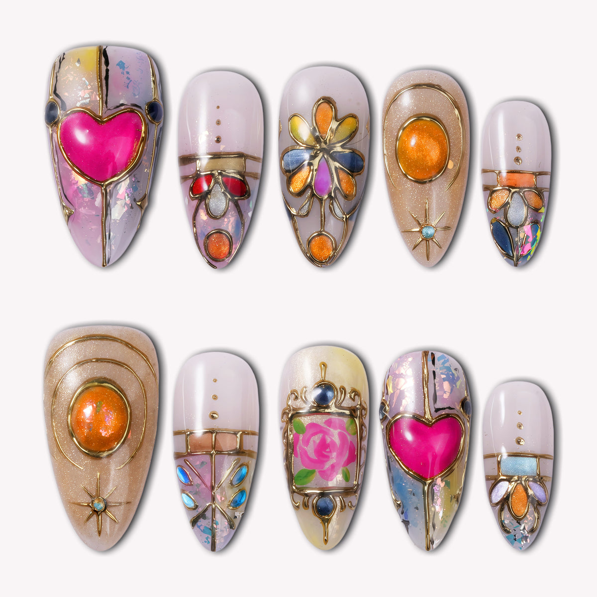 Stained glass press on nails with colorful heart and floral details arranged in a flat lay on a white background