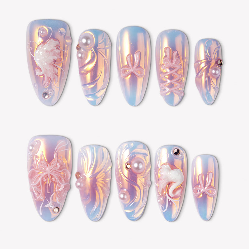 Swan Ballet iridescent blue and pink press-on nails with pearl accents, bows and white swan details