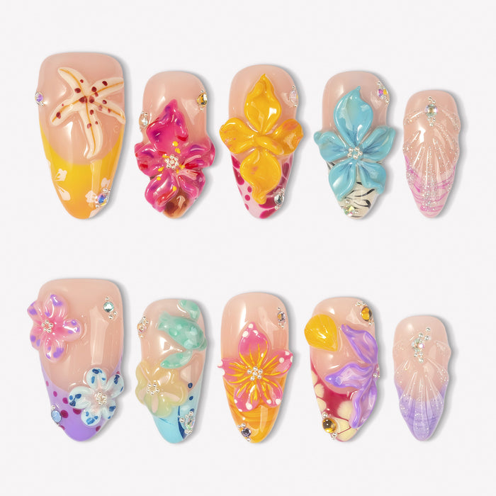 Tropical Bloom colorful press-on nail set with raised flowers, seashell details and crystal accents