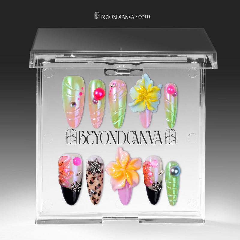 Packaging display of Tropical Cyber-Shell handmade press-on nails inside a clear box with BEYONDCANVA branding.