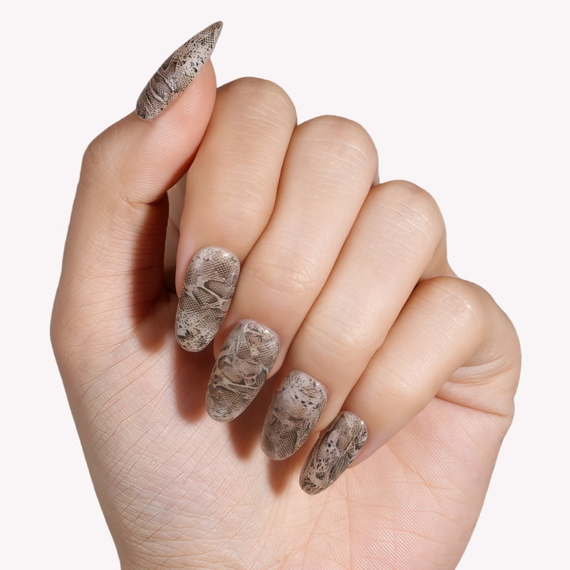 Hand model wearing beige and brown snakeprint press-on nails with long pointed shapes