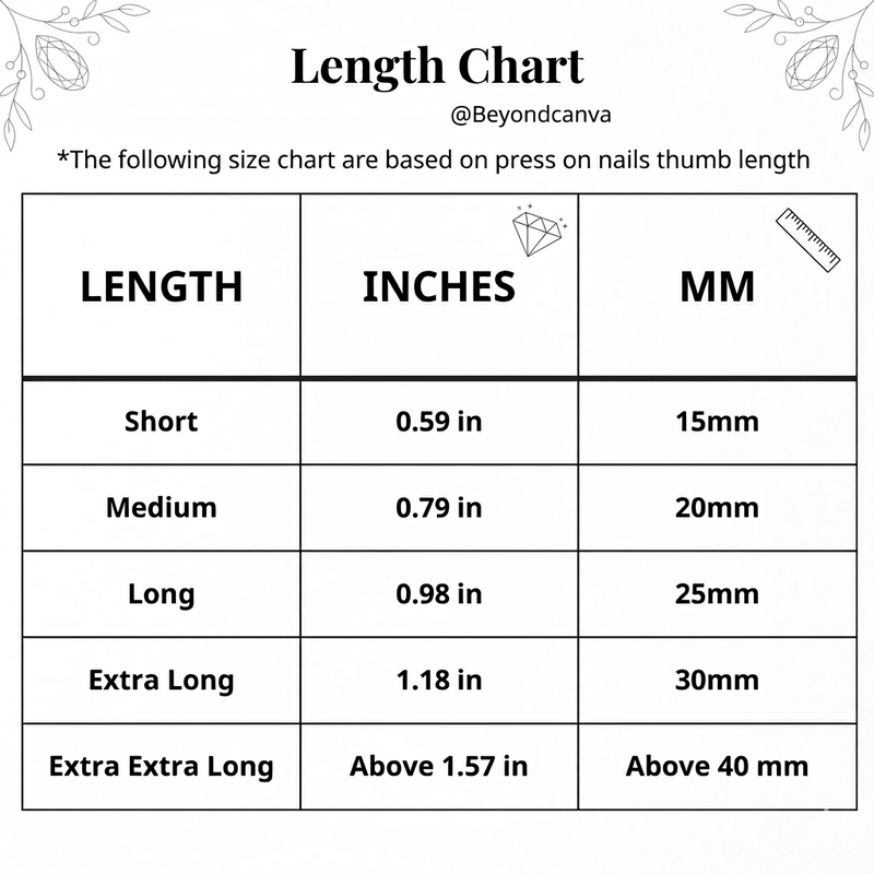 Press-on nail length chart showing short, medium, long, extra long, and extra extra long lengths in inches and millimeters