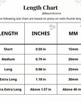 Press-on nail length chart showing short, medium, long, extra long, and extra extra long lengths in inches and millimeters