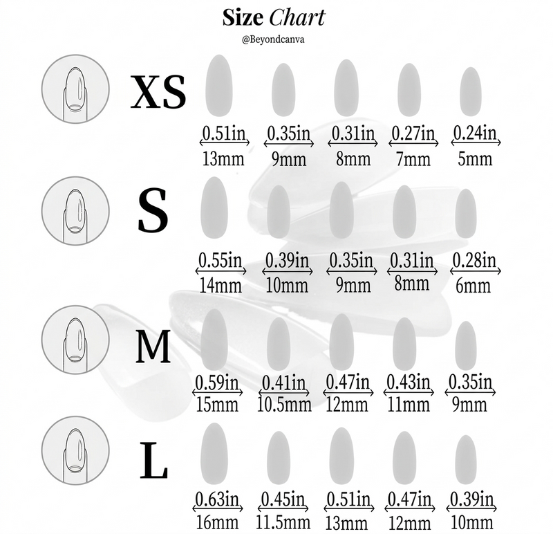 Press-on nail size chart showing XS, S, M, and L measurements in inches and millimeters