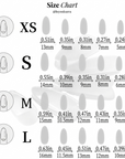 Press-on nail size chart showing XS, S, M, and L measurements in inches and millimeters