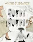 Promotional collage for White Elegance press-on nails with black and white floral accents, bows, polka dots, and bridal styling