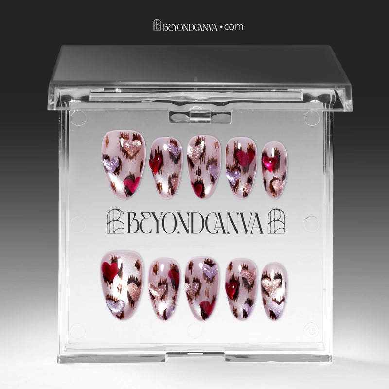 Angled hand model shot wearing red and white marble press-on nails